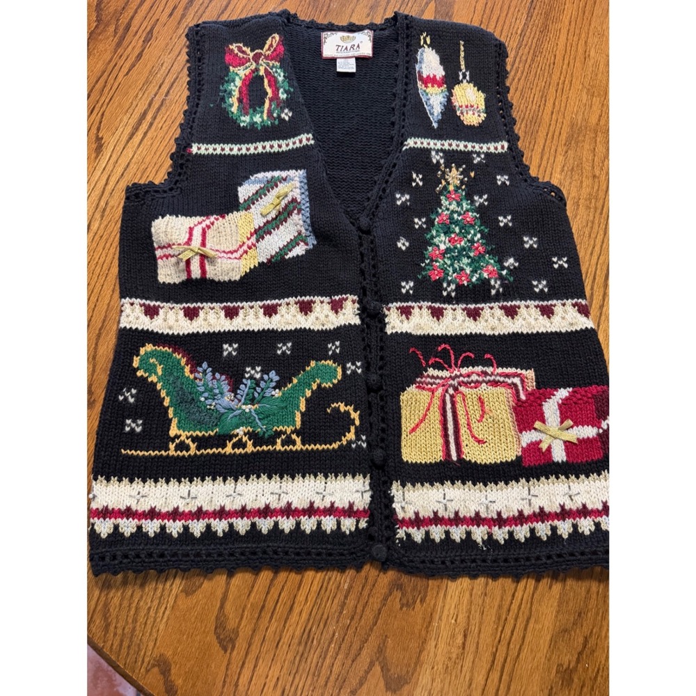 Tiara International Vintage Christmas Sweater Vest Women Medium Black Holiday 90